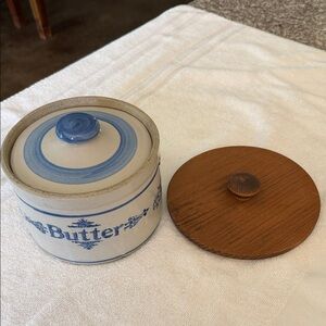 Blue and White Butter Crock with Wooden Lid